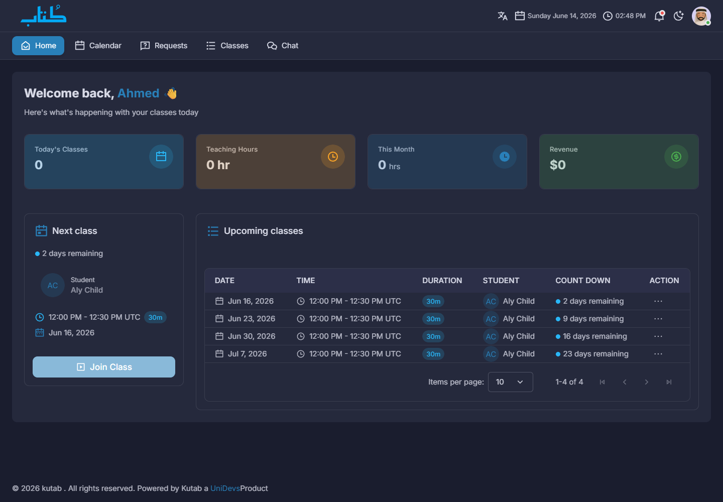 Kutab instructor dashboard showing today's classes and join button