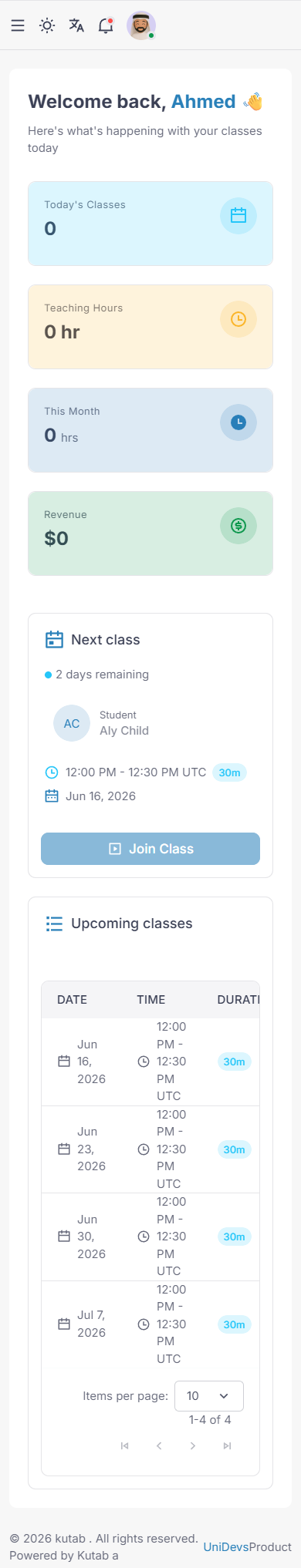 Kutab instructor dashboard showing today's classes and join button