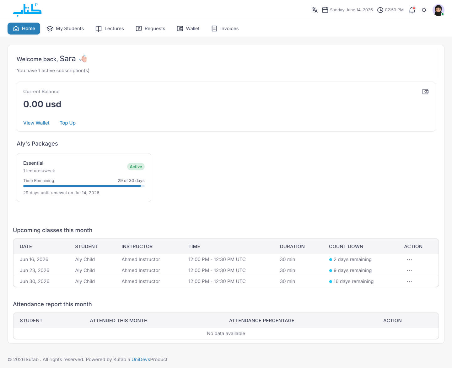 Kutab parent dashboard showing a child's active package and upcoming classes