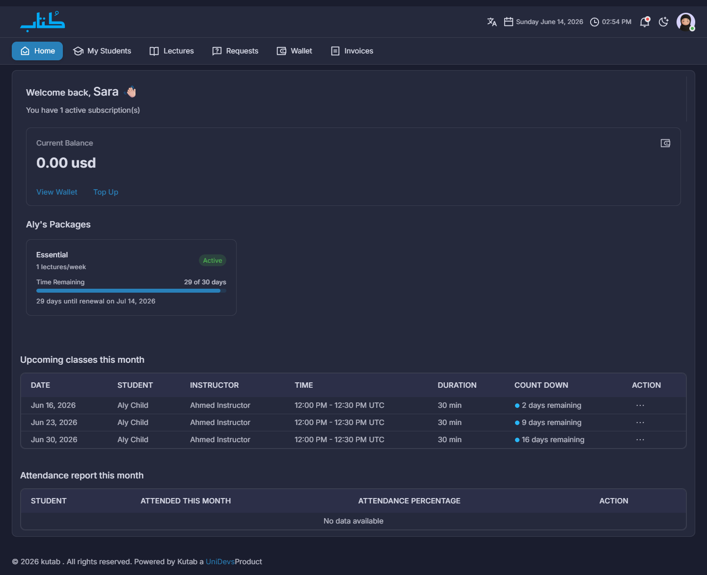 Kutab parent dashboard showing a child's active package and upcoming classes