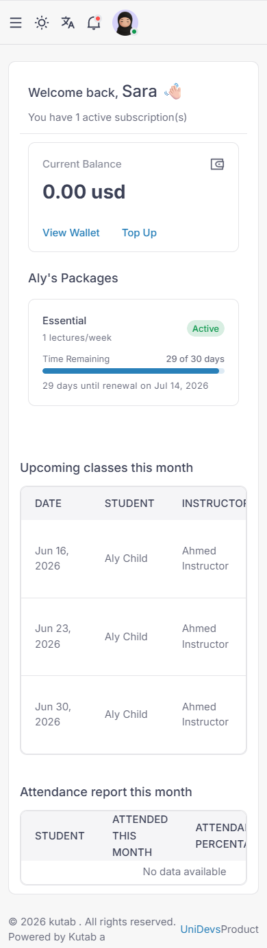 Kutab parent dashboard showing a child's active package and upcoming classes